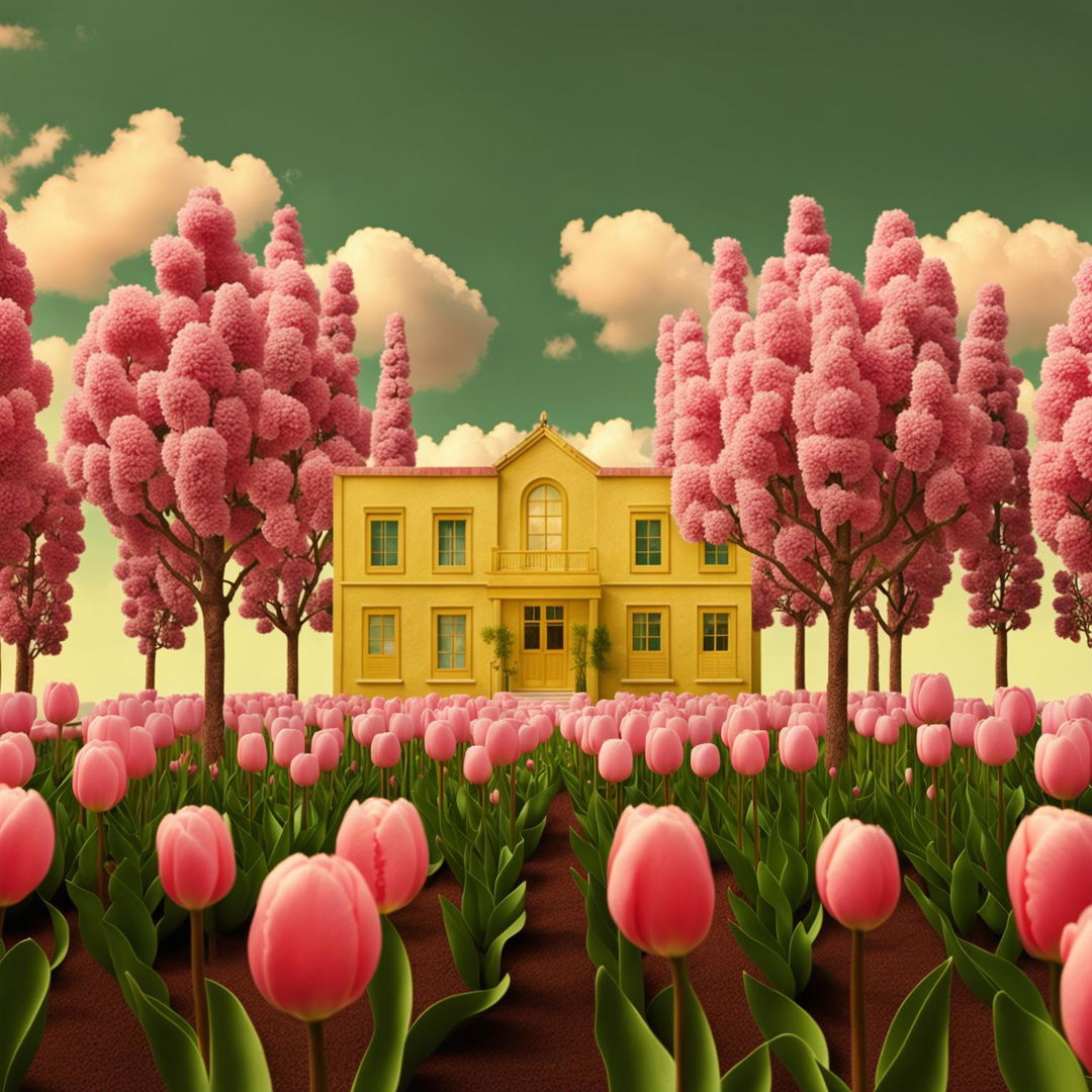 Wes Anderson-inspired digital art featuring vibrant pink tulips against a backdrop of pastel hues, framed by two tall trees and featuring a quaint house in the distance.