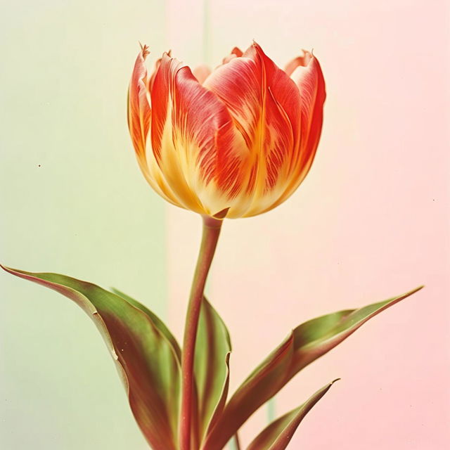 Vintage poster featuring a detailed pink tulip in full bloom against a pastel-colored background with a lo-fi aesthetic.