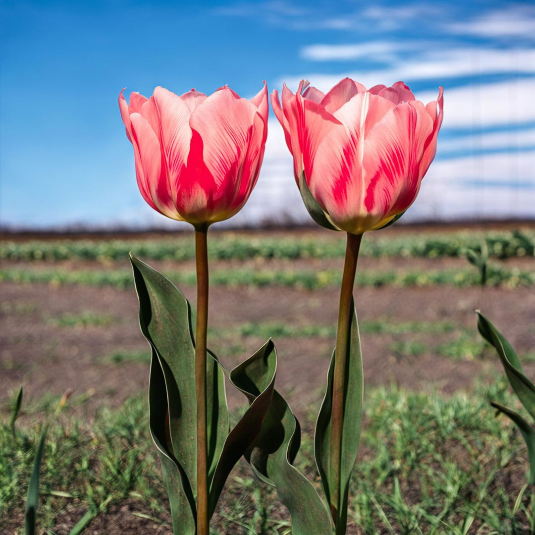 Medium shot of a pair of pink tulips standing alone in an expansive empty field, captured with a 200mm lens.