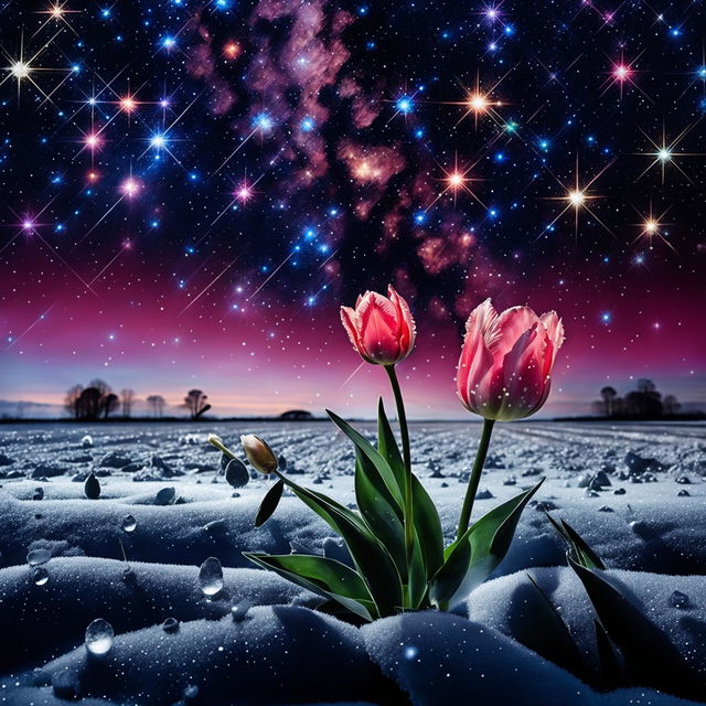 A vibrant pink tulip standing alone in a snow-covered field under a cosmic sky filled with stars and nebulas.