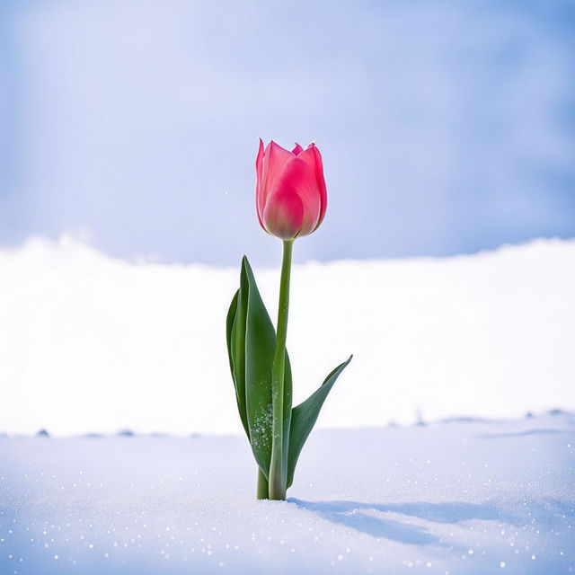 A minimalistic scene of a single pink tulip standing alone in a pristine snow-covered field.