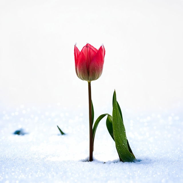 Minimalistic scene of a single pink tulip standing alone in a pristine snow-covered field under a clear blue sky.