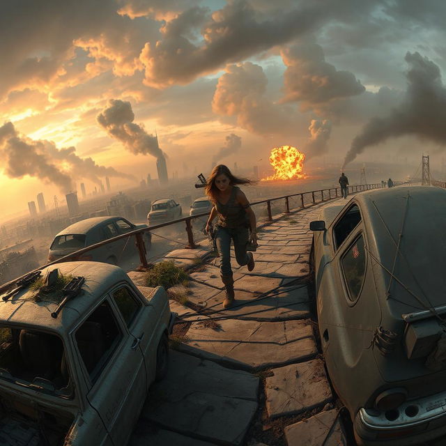 A panoramic view of Seraphina navigating a chaotic post-apocalyptic landscape