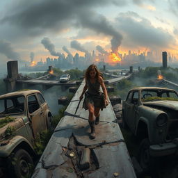 A panoramic view of Seraphina navigating a chaotic post-apocalyptic landscape