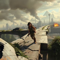 A panoramic view of Seraphina navigating a chaotic post-apocalyptic landscape