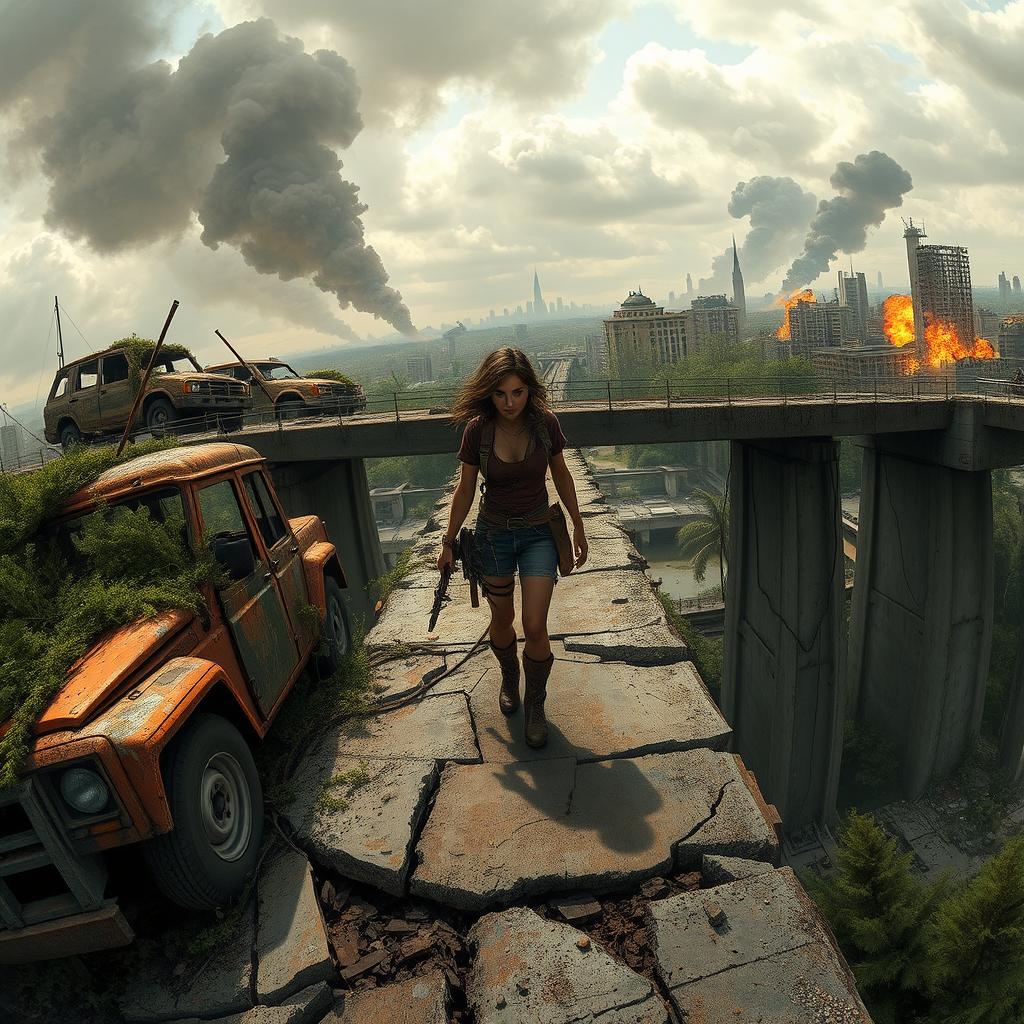 A panoramic view of Seraphina navigating a chaotic post-apocalyptic landscape