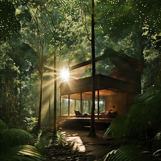 A Japandi style eco-friendly cabin, constructed from natural timber and reflective glass, is nestled within a vibrant jungle. Sunlight pierces through the jungle canopy onto the cabin, captured with a professional camera set to aperture priority mode, f/8, ISO 200.