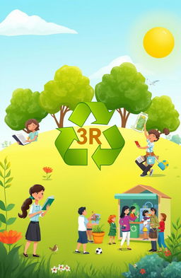 A creative composition illustrating the 3R concept (Reduce, Reuse, Recycle) in an engaging and educational way