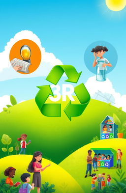 A creative composition illustrating the 3R concept (Reduce, Reuse, Recycle) in an engaging and educational way