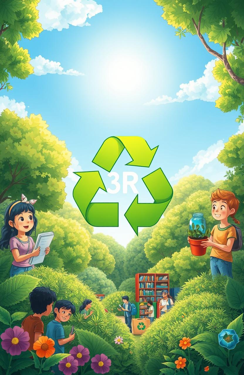 A creative composition illustrating the 3R concept (Reduce, Reuse, Recycle) in an engaging and educational way