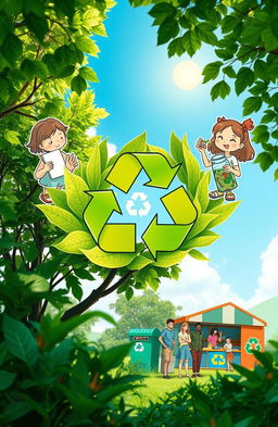 A creative composition illustrating the 3R concept (Reduce, Reuse, Recycle) in an engaging and educational way