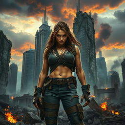 A captivating scene of Seraphina standing boldly in a post-apocalyptic world, amidst the ruins of a once-thriving city now overtaken by chaos