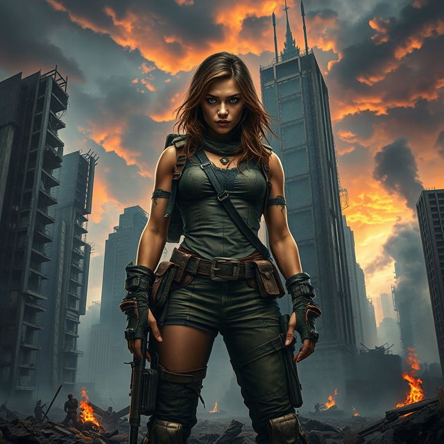 A captivating scene of Seraphina standing boldly in a post-apocalyptic world, amidst the ruins of a once-thriving city now overtaken by chaos