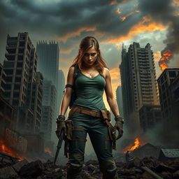 A captivating scene of Seraphina standing boldly in a post-apocalyptic world, amidst the ruins of a once-thriving city now overtaken by chaos
