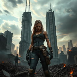 A captivating scene of Seraphina standing boldly in a post-apocalyptic world, amidst the ruins of a once-thriving city now overtaken by chaos