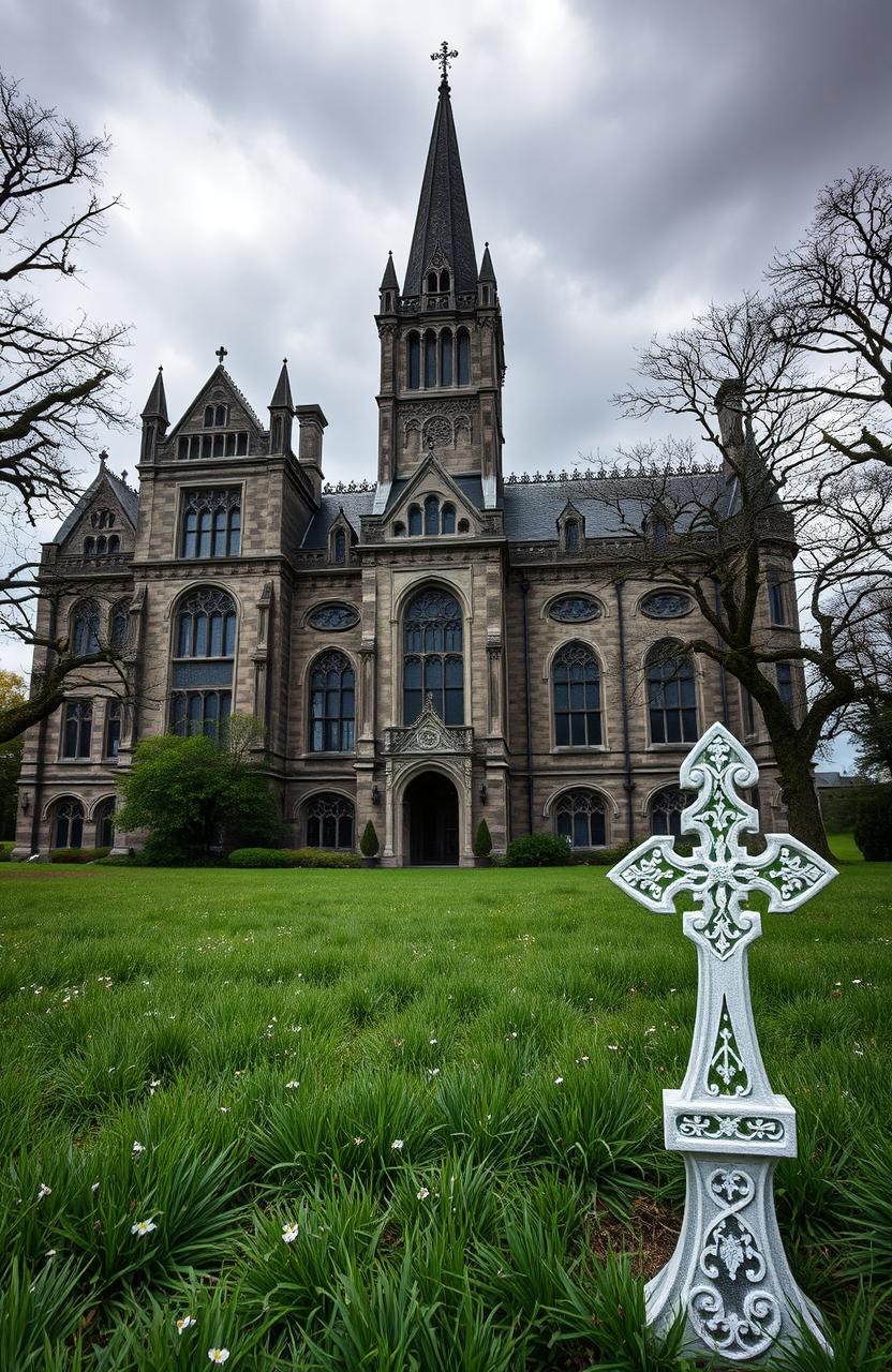 A large neo-gothic lunatic asylum set in Ireland during the 1800s, showcasing intricate architectural details typical of that era