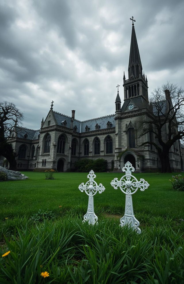 A large neo-gothic lunatic asylum set in Ireland during the 1800s, showcasing intricate architectural details typical of that era