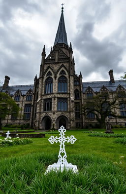 A large neo-gothic lunatic asylum set in Ireland during the 1800s, showcasing intricate architectural details typical of that era