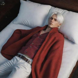 Dante from Devil May Cry, a video game character with striking white hair and a red coat, peacefully sleeping in a comfortable bed.