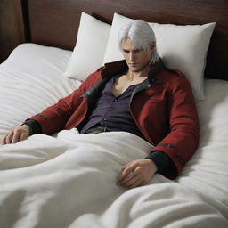 Dante from Devil May Cry, a video game character with striking white hair and a red coat, peacefully sleeping in a comfortable bed.