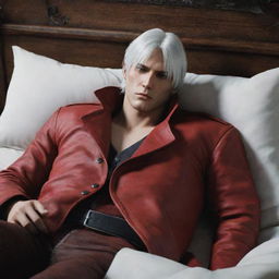 Dante from Devil May Cry, a video game character with striking white hair and a red coat, peacefully sleeping in a comfortable bed.