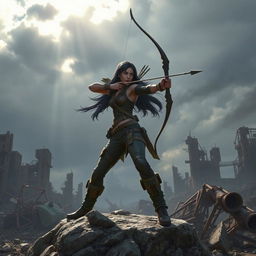 A striking scene of Seraphina, the protagonist with long black hair, skillfully using a bow and arrow in a post-apocalyptic landscape