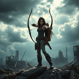 A striking scene of Seraphina, the protagonist with long black hair, skillfully using a bow and arrow in a post-apocalyptic landscape