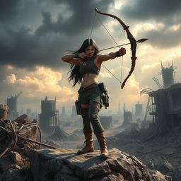 A striking scene of Seraphina, the protagonist with long black hair, skillfully using a bow and arrow in a post-apocalyptic landscape