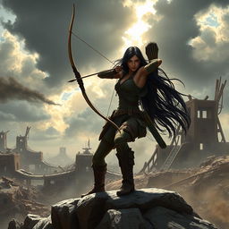 A striking scene of Seraphina, the protagonist with long black hair, skillfully using a bow and arrow in a post-apocalyptic landscape