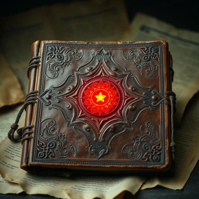 An ancient journal with a distressed brown leather cover, displaying intricate patterns and designs