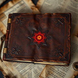 An ancient journal with a distressed brown leather cover, displaying intricate patterns and designs