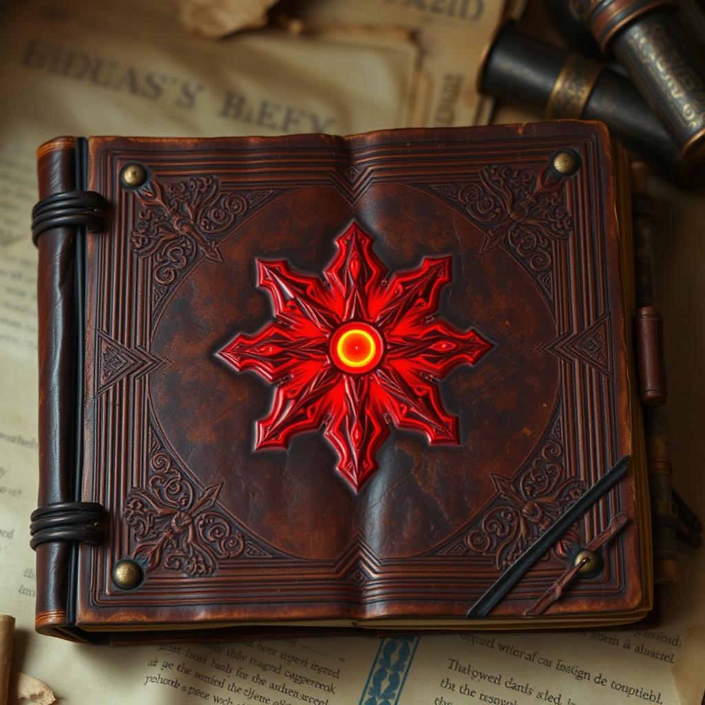 An ancient journal with a distressed brown leather cover, displaying intricate patterns and designs