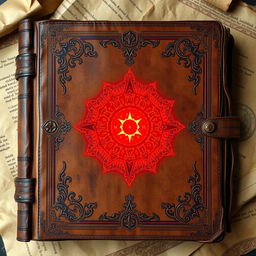 An ancient journal with a distressed brown leather cover, displaying intricate patterns and designs