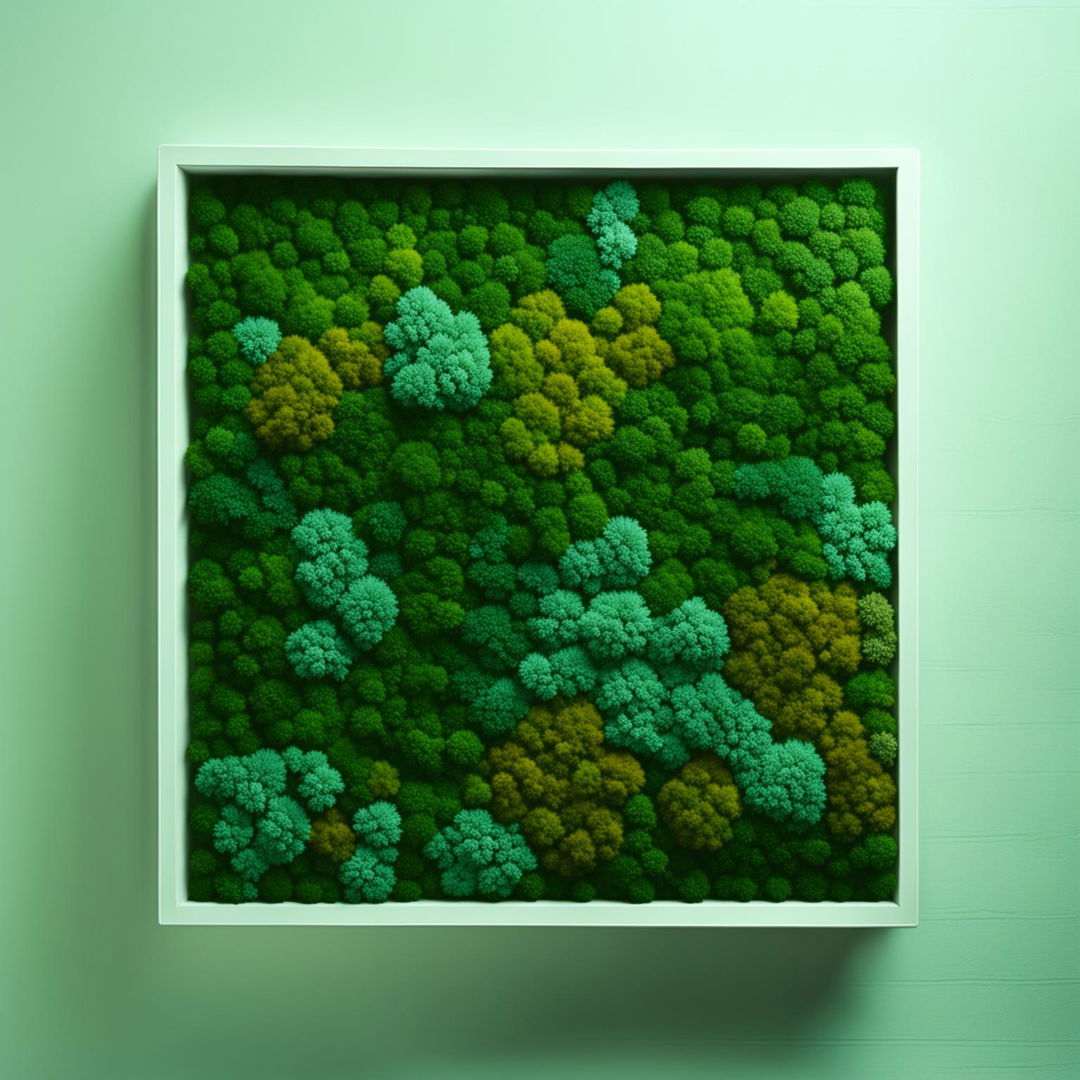 Wes Anderson inspired moss wall art in 32k resolution, measuring 200mm square.