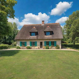 A traditional countryside house in Europe with a pitched roof, surrounded by lush green fields and a vibrant blue sky in the background.