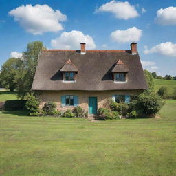 A traditional countryside house in Europe with a pitched roof, surrounded by lush green fields and a vibrant blue sky in the background.