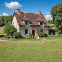 A traditional countryside house in Europe with a pitched roof, surrounded by lush green fields and a vibrant blue sky in the background.