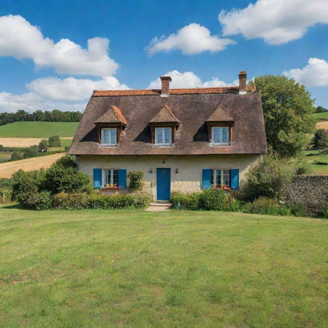 A traditional countryside house in Europe with a pitched roof, surrounded by lush green fields and a vibrant blue sky in the background.