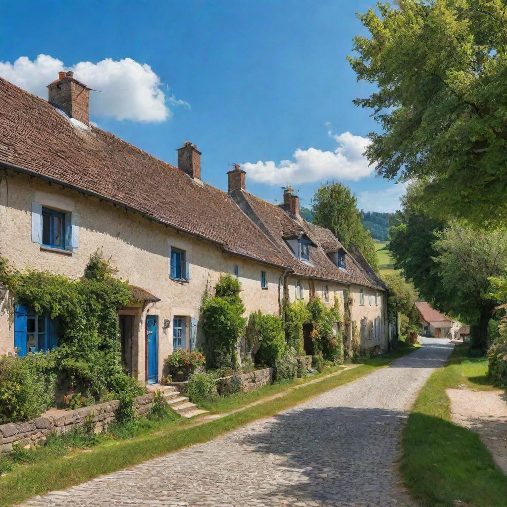 A picturesque small rural village in Europe with clapboard houses, cobblestone streets, surrounded by lush meadows and towering trees under a clear blue sky.