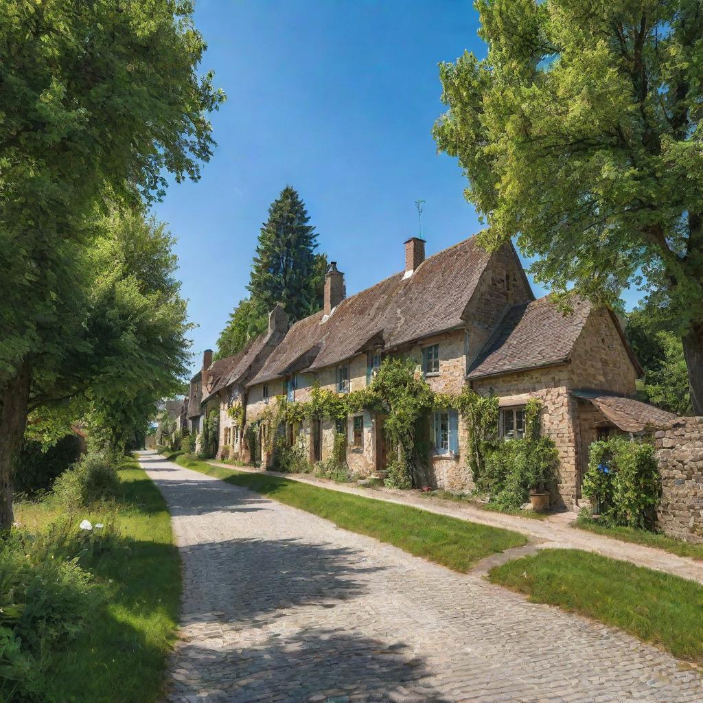 A picturesque small rural village in Europe with clapboard houses, cobblestone streets, surrounded by lush meadows and towering trees under a clear blue sky.