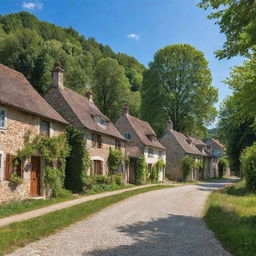 A picturesque small rural village in Europe with clapboard houses, cobblestone streets, surrounded by lush meadows and towering trees under a clear blue sky.