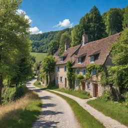 A picturesque small rural village in Europe with clapboard houses, cobblestone streets, surrounded by lush meadows and towering trees under a clear blue sky.