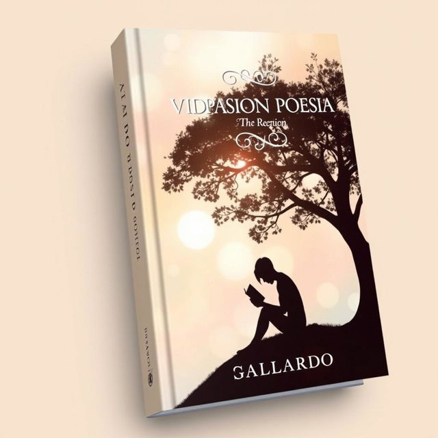 An enchanting book cover for a poetry collection titled 'VIDA PASION POESIA', featuring a captivating silhouette of a person sitting under a tree, deeply engrossed in reading a book