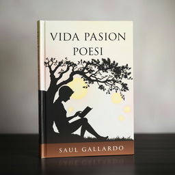 An enchanting book cover for a poetry collection titled 'VIDA PASION POESIA', featuring a captivating silhouette of a person sitting under a tree, deeply engrossed in reading a book