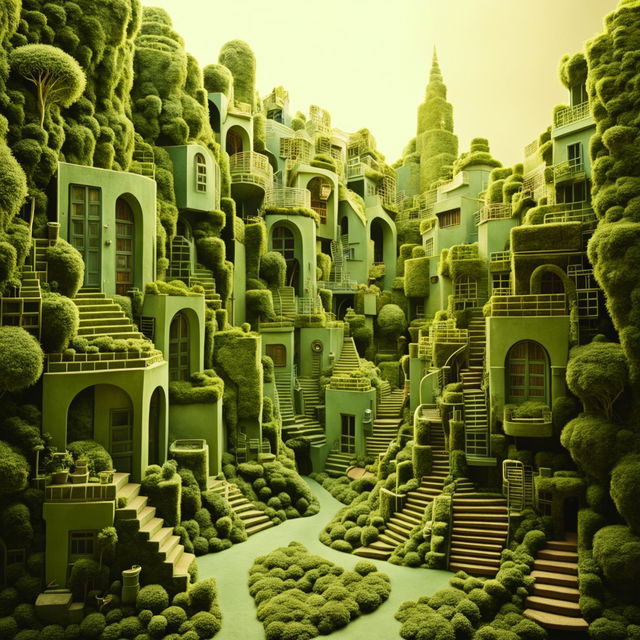 Wes Anderson inspired moss wall art depicting a mossy city.