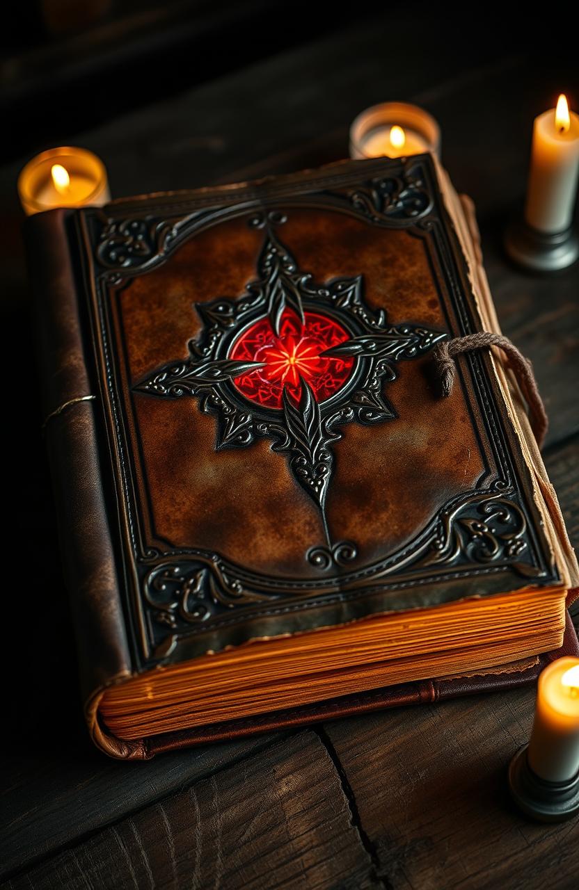 An ancient journal with a weathered brown leather cover, featuring intricate carvings and a mystical red glow emanating from its center