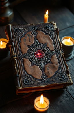 An ancient journal with a weathered brown leather cover, featuring intricate carvings and a mystical red glow emanating from its center