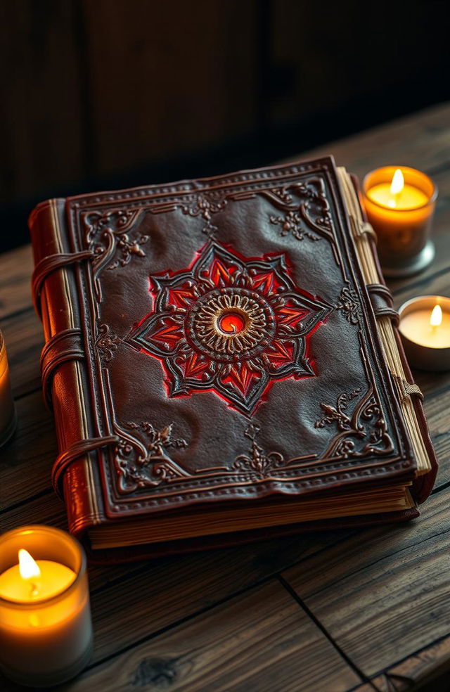 An ancient journal with a weathered brown leather cover, featuring intricate carvings and a mystical red glow emanating from its center