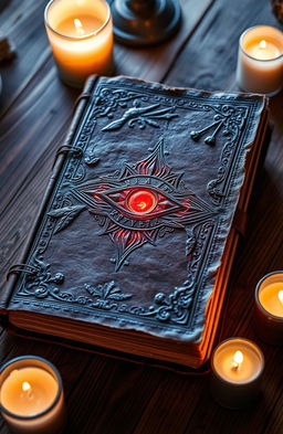 An ancient journal with a weathered brown leather cover, featuring intricate carvings and a mystical red glow emanating from its center