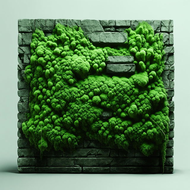 Avant-garde moss wall art in 32k resolution and 200mm size, showcasing nature's reclaiming power over man-made structures.